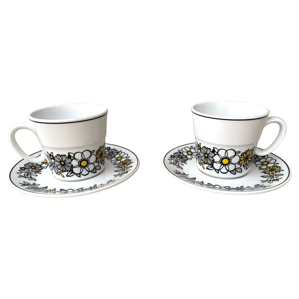 Noritake Progression China Tressa 9029 Cups & Saucers Set of 2 Floral Daisies